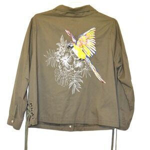 DEX Jacket Women's 2X Embroidered Parrot on‎ Back Boho Outerwear OD Green